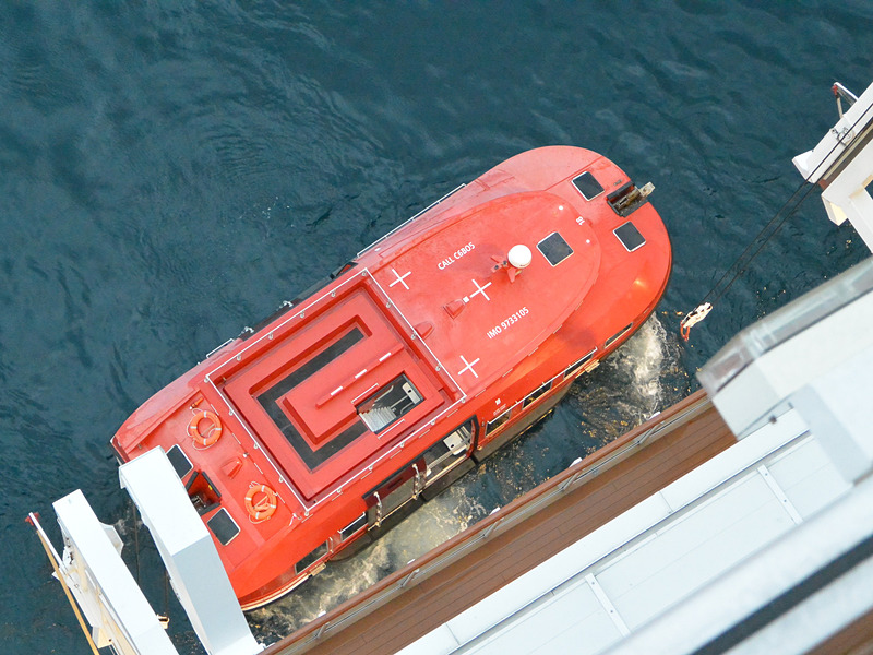 テンダーは海上に降ろして船体に内蔵した専用桟橋から上陸する船客を乗せる