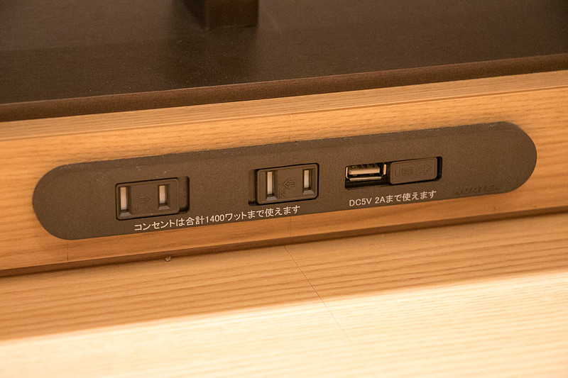 AC電源（2口合計で1400W）と充電用のUSBポート（5V/2A）