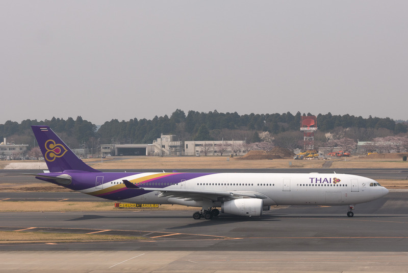 バンコクへ向けて出発したTG627便。この日の機材はエアバス A330-300型機の登録記号「HS-TBB」の機体