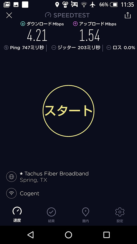 画面左がエアバス A321neo型機、画面右がボーイング 777-300型機と別の便で測定したもの。ダウンロードは4Mbps程度は期待してよさそうな結果。アップロードは差が大きく、ピークの数字が目に留まるが感覚的には0.5Mbps出ればよい方かなと思う