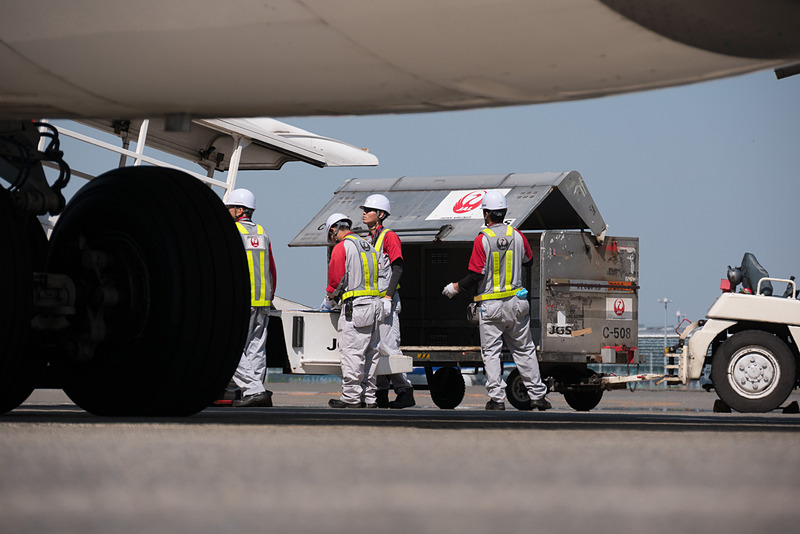 地上で出発の準備をするJAL311便。ここでも男性だけが携わっている