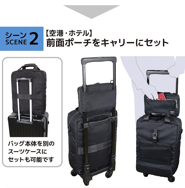 バッグ本体とキャリーは4カ所のフックで固定