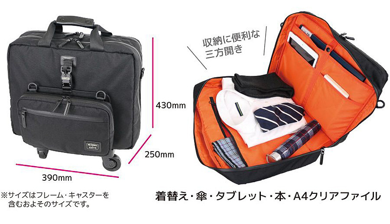 バッグ本体とキャリーは4カ所のフックで固定