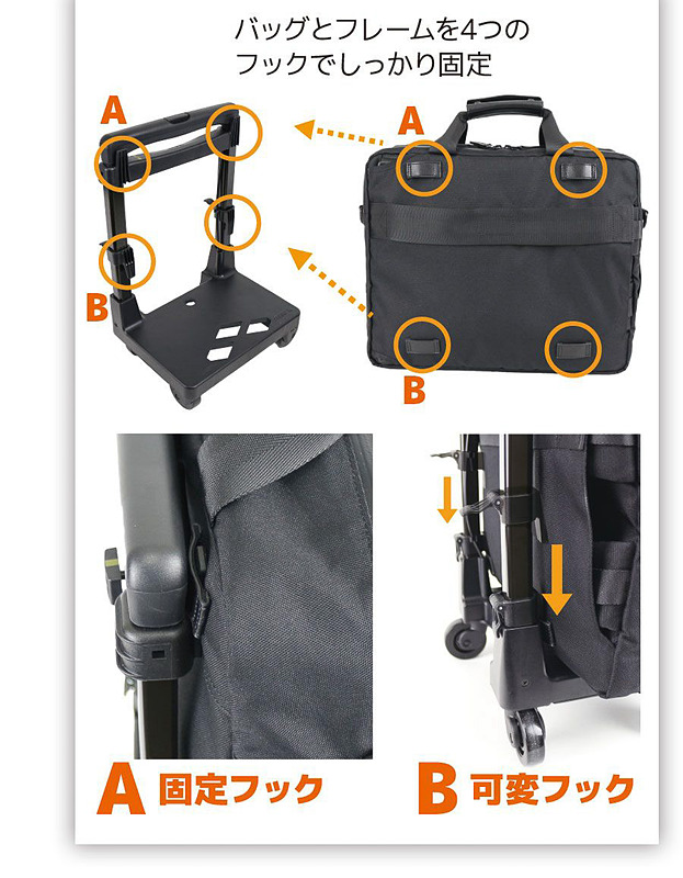 バッグ本体とキャリーは4カ所のフックで固定