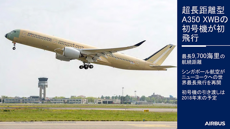 4月には超長距離型のエアバス A350-900ULR型機が初飛行。2018年下半期にシンガポール航空に納入予定