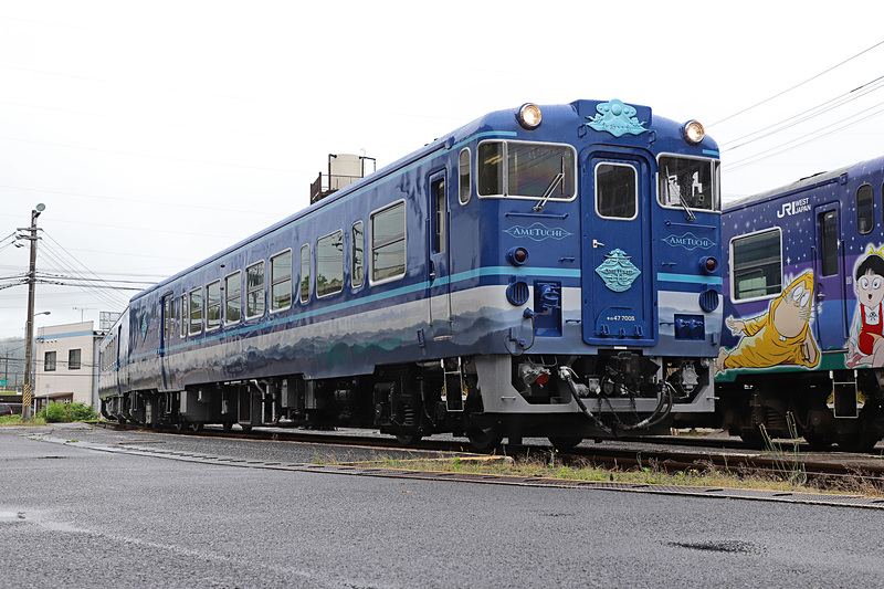 撮影時は曇天のため深い青に見えたが、晴天だと異なった趣になりそうだ。隣に停車しているのは境港線 鬼太郎列車「子泣き爺車両」