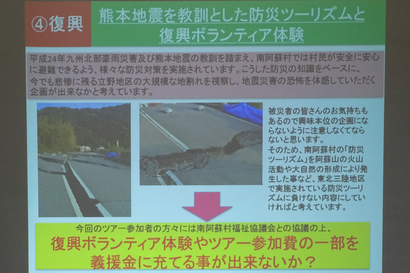 防災ツーリズムの観点では、国交省と阿蘇ジオパーク協会が断層による地割れが発生したエリアに説明看板を設置。車道の中央線のズレを、断層のズレとして理解できる