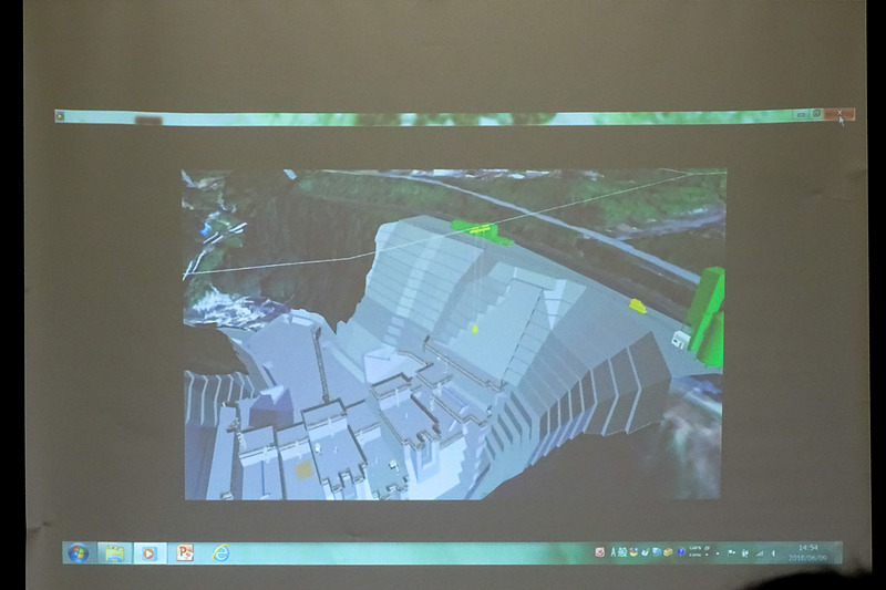 国土交通省 九州地方整備局 立野ダム工事事務所 工務課長 田脇康信氏のプレゼンでは、立野ダム工事中、完成後のイメージを3D CGで紹介