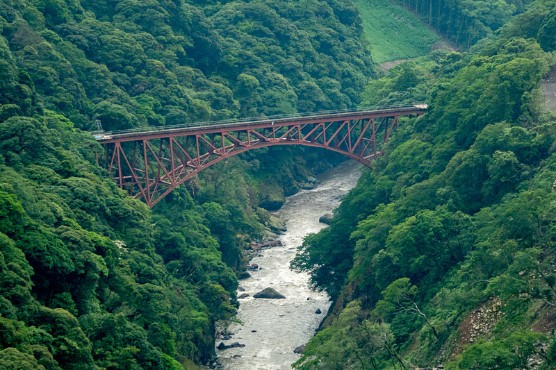 北向き山原生林に浮かび上がる赤いアーチ橋、南阿蘇鉄道 第一白川橋梁
