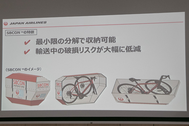 JALはインバウンドや民泊、ペット連れ旅行などとともに「サイクルツーリズム」も地域活性化につながる重要な要素の1つに位置付けており、航空会社として「より安全な自転車の輸送手段」を提供するためのSBCONを開発した。SBCONの外観が長方体の一部が斜めに欠けたような形状なのは、航空機の貨物スペースの壁面にフィットさせるため。SBCONを使ったモニターツアーを7月に発売し、8月の催行から実証実験を重ね、全国の主要空港にSBCONを配備すること、事前予約制での個人旅客への対応などを目指す