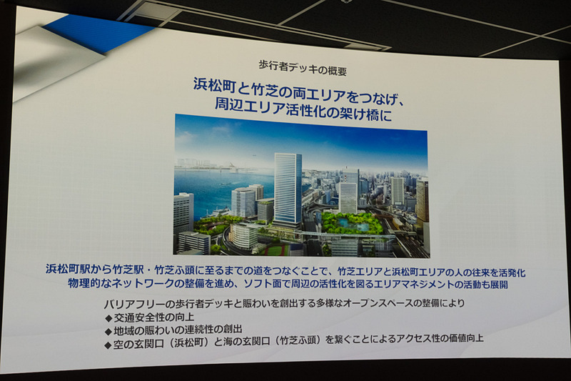 歩行者デッキのイメージなど。浜松町駅と業務棟を結ぶ約240mの区間は約15mの橋脚に支えられた桁橋構造の歩行者デッキとなる