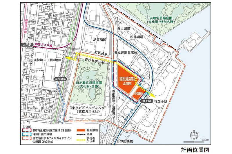 計画の位置図。黄色いラインで示されているのが浜松町エリアと竹芝エリアを結ぶ歩行者デッキ