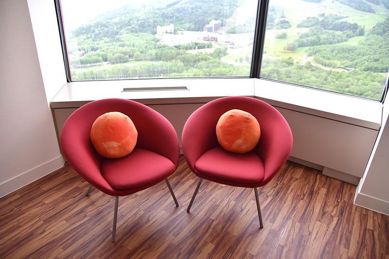 いくらモチーフのクッションとチェアも窓辺に