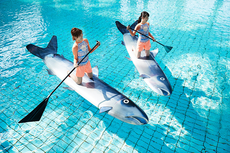 鮭シェイプのボードを使った「鮭SUP」（提供：星野リゾート）