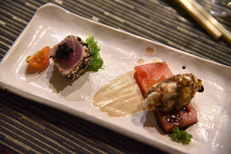 サイコロ状にカットしたマグロとスイカ＆チーズの組み合わせが斬新なアペタイザー