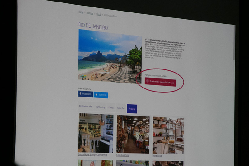 ラタム航空のWebサイトで「Vamos LATAM」のメニューをクリックすると、南米の観光、グルメ、ショッピングなどさまざまな情報を見ることができる