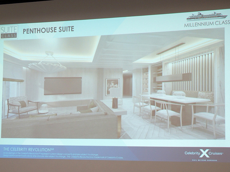 セレブリティ・ミレニアム船内の改装前（写真左）と改装後（写真右）を並べてみた。従来のウッドな落ち着いた感じから白基調の現代的なデザインに変更する