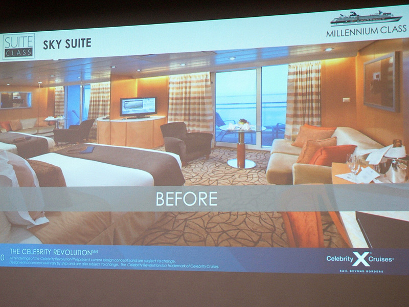 セレブリティ・ミレニアム船内の改装前（写真左）と改装後（写真右）を並べてみた。従来のウッドな落ち着いた感じから白基調の現代的なデザインに変更する