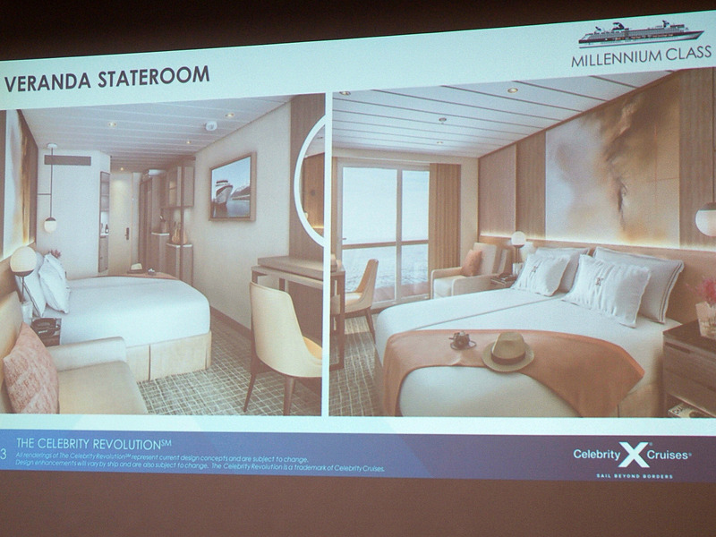 セレブリティ・ミレニアム船内の改装前（写真左）と改装後（写真右）を並べてみた。従来のウッドな落ち着いた感じから白基調の現代的なデザインに変更する