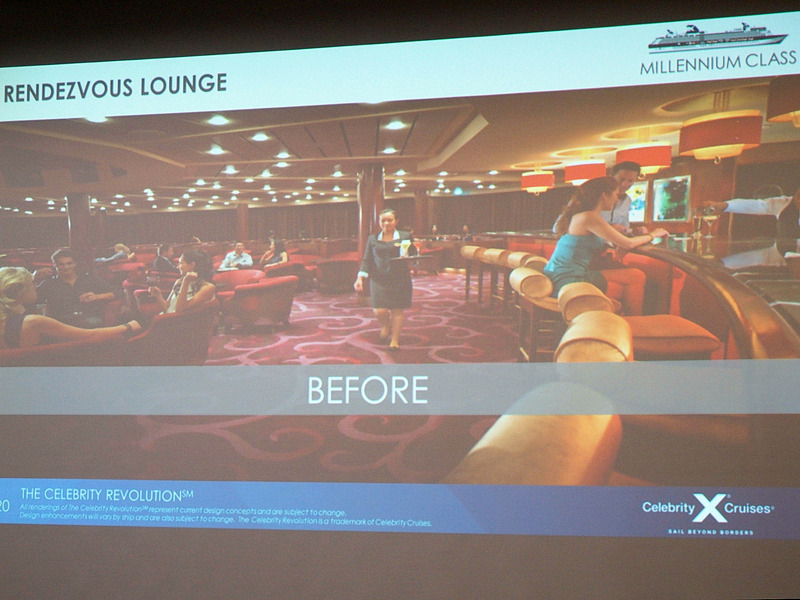 セレブリティ・ミレニアム船内の改装前（写真左）と改装後（写真右）を並べてみた。従来のウッドな落ち着いた感じから白基調の現代的なデザインに変更する