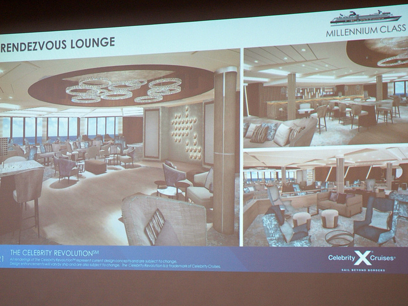 セレブリティ・ミレニアム船内の改装前（写真左）と改装後（写真右）を並べてみた。従来のウッドな落ち着いた感じから白基調の現代的なデザインに変更する