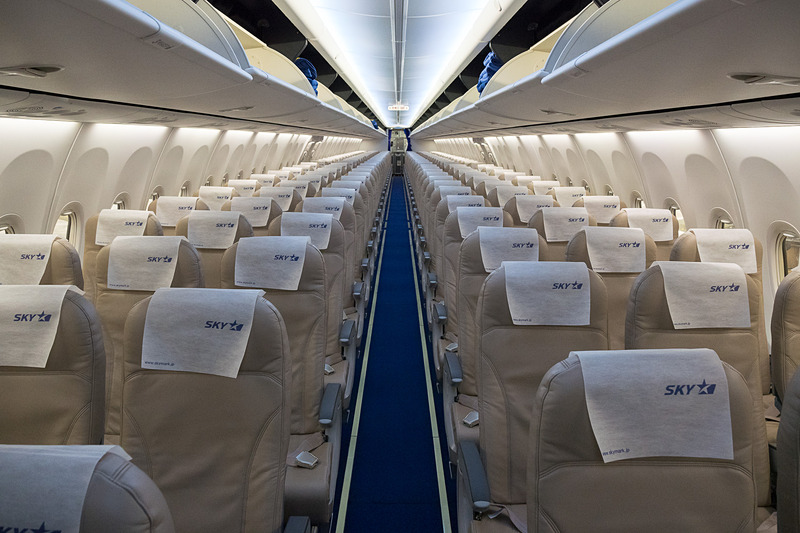 機内のデザインは大きく変わらないが、ヘッドレストカバーの後ろ側に「スカイマークはおかげさまで就航20周年」のメッセージとイラストが描かれる