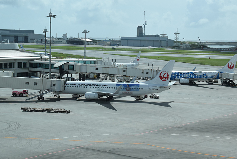 ターミナルビルから駐機場を見ると、AMURO JETの隣にJTAのジンベエジェット。よいタイミングでのツーショットだ