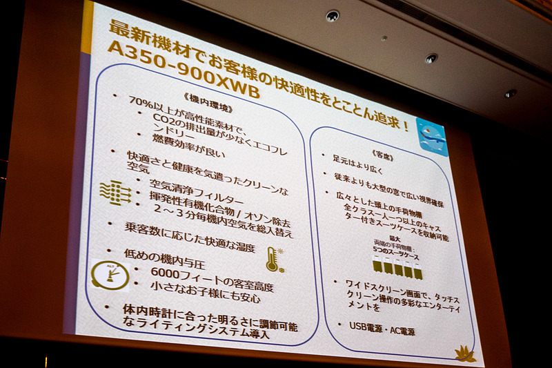 エアバス A350-900型機の特徴。青木氏は特に居住性の高さから、ファミリーでの旅行にお勧めと紹介
