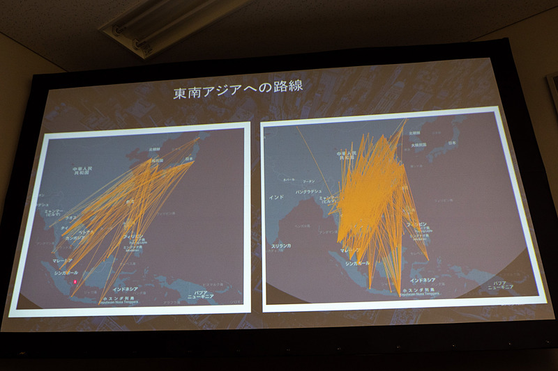 中国～アジア各国間の便数と座席数。路線開設が目立つように見える中国～日本間だが、実際には減便などもあって横ばい傾向。東南アジアの他国と中国を結ぶ便の増加が顕著に出ている