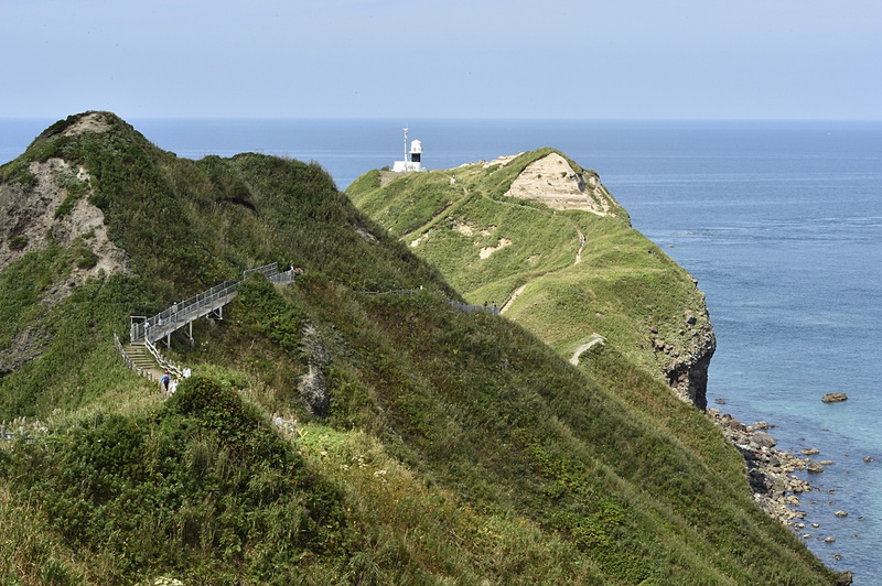 丘の上から見た神威岬。尾根伝いの遊歩道が灯台の先まで続く