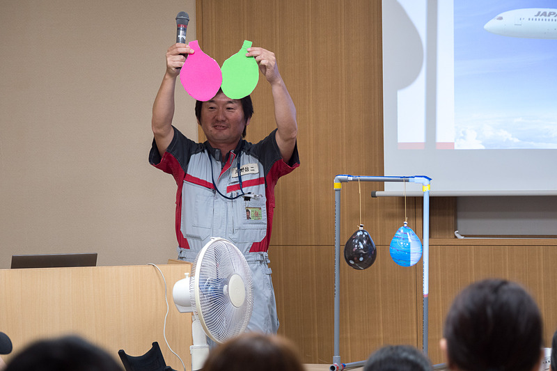 理科の実験さながらの手作り装置で飛行機が飛ぶ仕組みを紹介。手描きのポスターも