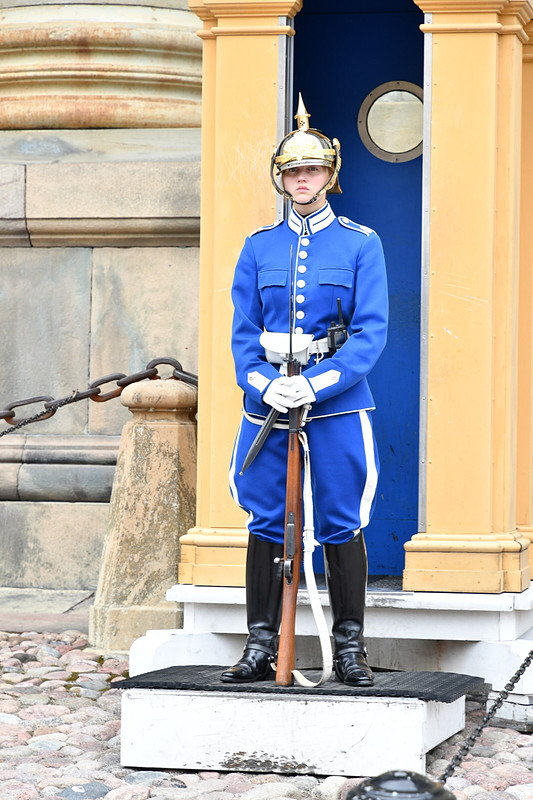 ストックホルム宮殿の東側にある宝物の間（Skattkammaren）。衛兵が警護している