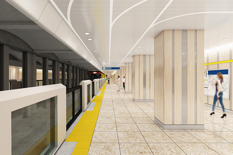 ホーム内の柱は銀杏並木を表現している