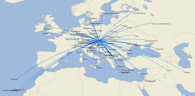 ウィーンからはルフトハンザグループ各社の運航便へ乗り継ぐことで、欧州68都市へアクセスできる