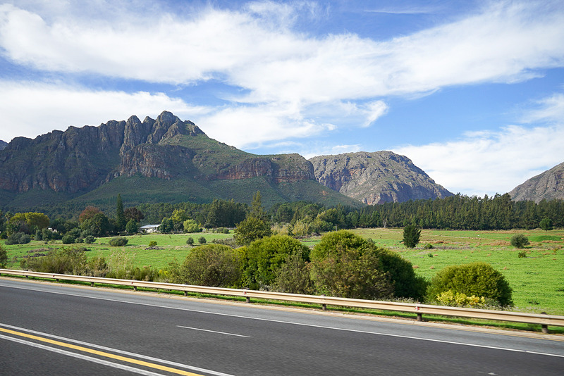 ケープタウン郊外。遠くに岩山がある草原が続く