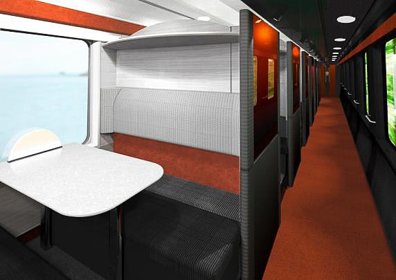 海里の2号車。全席4人掛けのコンパートメントシートの車両。座席を引き延ばしてフルフラットにできる