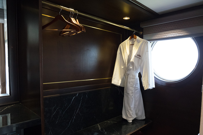 アメニティは歯ブラシ、石けん、シャンプー、シャワージェルを備えていた。ガウンも用意されていて便利