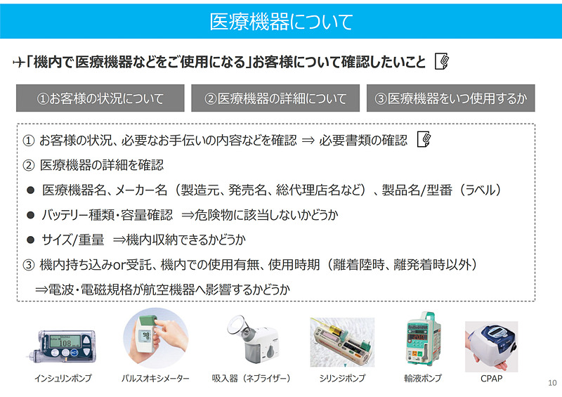 酸素ボンベや酸素濃縮器利用時（写真左）、医療機器利用時（写真右）の留意点の紹介。リチウムイオンバッテリやモーターによる電磁波が航空機器に影響を与える場合があるので、事前の適合確認が必須