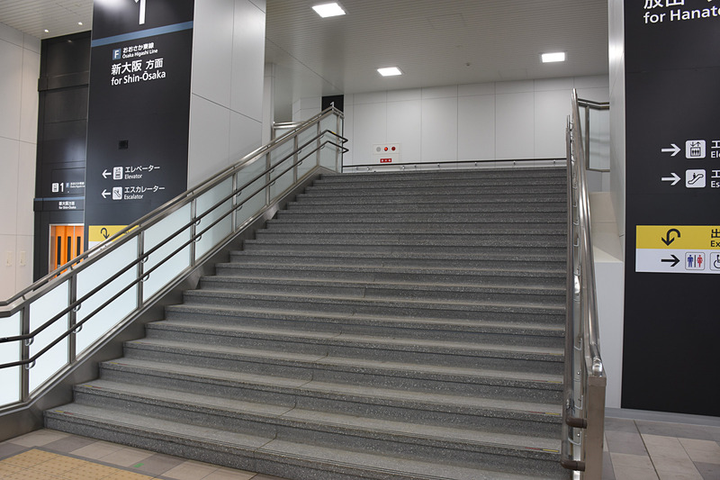 中央の大きな階段は両ホームに向かう階段に分かれる