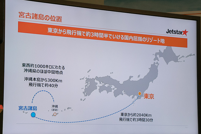 成田国際空港～下地島空港線は飛行機で約3時間30分（約2040km）の距離