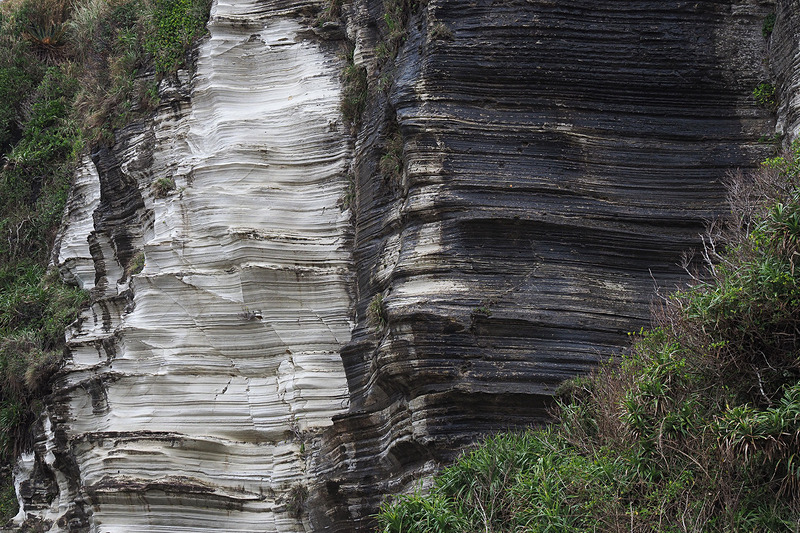 細かい筋が無数に走ったり、侵食により不思議な造形を見せる白色凝灰岩の崖