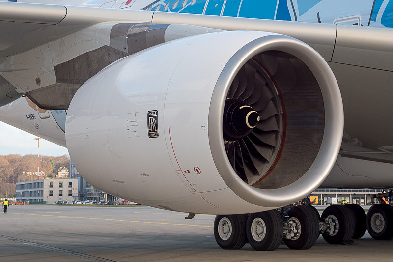 ロールスロイスの「Trent 900」エンジン。日本の航空会社では、2014年3月にジャンボことボーイング 747-400型機が退役して以来、久々の4発機導入となる