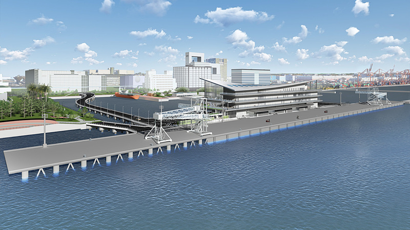 連絡通路（車道）からみた「東京国際クルーズターミナル」のイメージ（画像提供：東京都港湾局）