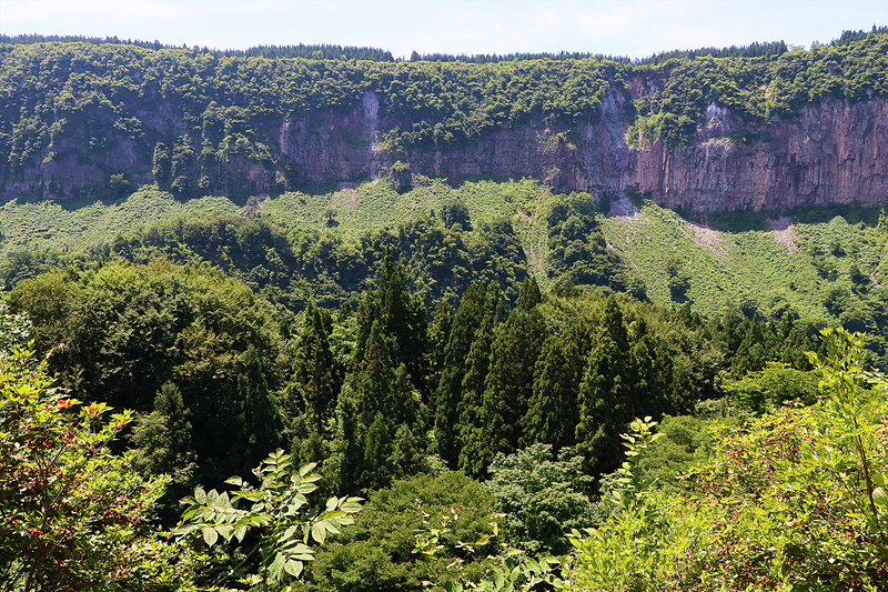 対岸の岩肌は今立っている場所より標高が125m高く、手前の木が生えている部分の先、225m下に中津川が流れています