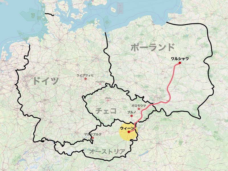ユーレイル グローバルパスを利用して、ワルシャワからウィーンへ（C）<a href="http://www.openstreetmap.org/copyright" class="n" target="_blank">OpenStreetMap contributors</a>