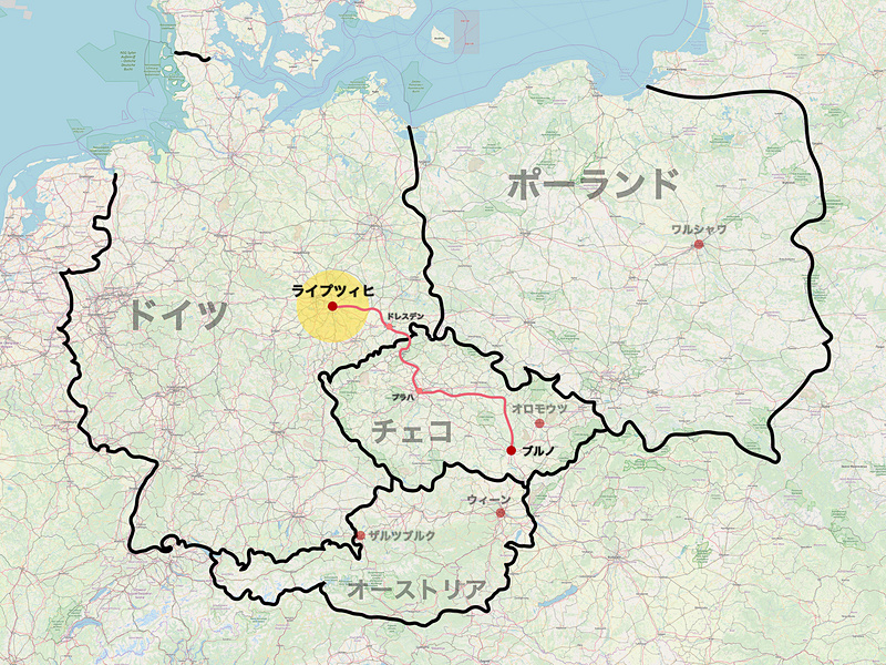 ユーレイル グローバルパスを利用して、ブルノから最終目的地のライプツィヒへ（C）<a href="http://www.openstreetmap.org/copyright" class="n" target="_blank">OpenStreetMap contributors</a>