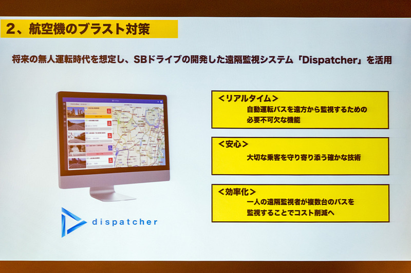 SBドライブがレベル4自動運転に向けて開発した遠隔監視システム「Dispatcher」を用い、ブラストの有無を人が判断し、遠隔で発車指示を送る