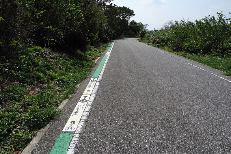 よく整備された舗装と路面サインがサイクリングをサポートしてくれてとても分かりやすくい粟国島の道路。基本的には信号機はいらないのだが、島内の子供たちが信号機というものを知るために、島には1か所だけ信号機が設置されている