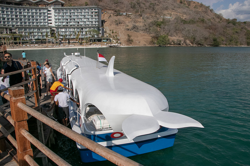 桟橋から底面がガラス張りで海の中を見られる「アヤナ ラコ タカ号」に乗り、サンゴや魚を見ながらの遊覧を楽しんだ