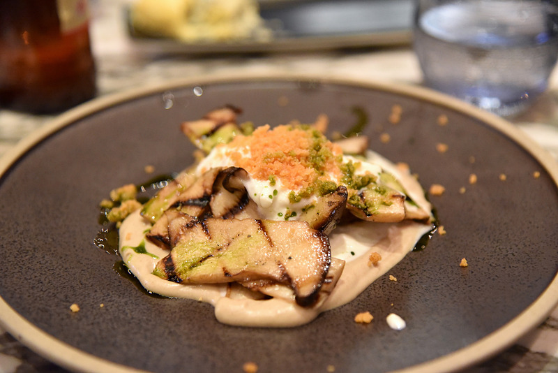 「Grilled Oyster Mushrooms/Shitake Cream/Stracchiatella/Tarragon Oil」